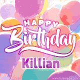 A vibrant name GIF featuring colorful balloons in shades of pink, orange, and yellow with the bold text 'Happy Birthday Killian' in festive fonts, creating a lively birthday vibe.