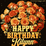 Animated bouquet of orange roses with moving butterfles and golden 'Happy Birthday Kilynn' text, surrounded by sparkling accents and a dark backdrop for a luxurious feel.