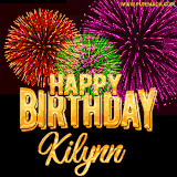 A golden 'Happy Birthday Kilynn' message with vibrant fireworks in the background, creating a festive and celebratory vibe in this animated name GIF.