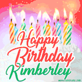 Bright birthday candles with rainbow flames on a cake, alongside the text 'Happy Birthday Kimberley' in vibrant script in this celebratory animated GIF.