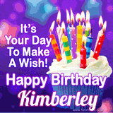 A colorful birthday GIF for Kimberley featuring a cupcake with vibrant lit candles and the text 'It's Your Day to Make a Wish! Happy Birthday Kimberley' in bold letters on a festive purple background.