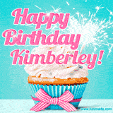 A festive cupcake with pink icing, a gingham bow, and a lit animated sparkler, paired with 'Happy Birthday Kimberley!' in bright pink text.