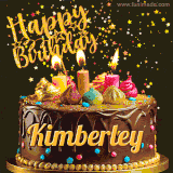 A delightful chocolate birthday cake with bright candles and 'Happy Birthday Kimberley' written in gold amidst a shower of animated stars.