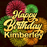 Golden text reading 'Happy Birthday Kimberley' surrounded by vibrant fireworks in red, green, and yellow, set against a dark background in this celebratory birthday GIF.