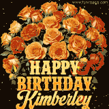 Animated bouquet of orange roses with moving butterfles and golden 'Happy Birthday Kimberley' text, surrounded by sparkling accents and a dark backdrop for a luxurious feel.