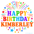 Happy Birthday Kimberley' GIF with rainbow-colored letters, colorful stars, and fireworks on white background.