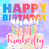 A vibrant animated name GIF with the words 'Happy Birthday Kimberley' with colorful candles on a creamy cake. The background sparkles with pastel shades, adding a festive touch.