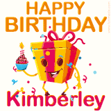 A vibrant and funny gift box character with a happy face dancing with a cupcake and the text 'Happy Birthday Kimberley,' surrounded by animated confetti and party vibes.