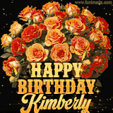 Animated bouquet of orange roses with moving butterfles and golden 'Happy Birthday Kimberly' text, surrounded by sparkling accents and a dark backdrop for a luxurious feel.