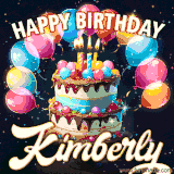 Bright birthday animation for Kimberly with a chocolate cake, candles, balloons, and glowing celebratory lights.