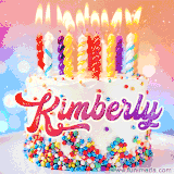 A cheerful white birthday cake with multicolor sprinkles, lit candles, and 'Kimberly' written in vibrant letters, in an animated GIF.
