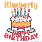 Cartoon birthday cake with a red bow, glowing candles, and 'Kimberly Happy Birthday' text in bold animated style.