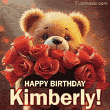 Cinematic style cute animated teddy bear with charming features holding a large bouquet of red roses, the words say 'Happy Birthday Kimberly' in sans serif font.