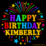 Personalized greeting card with name, colorful text that says 'Happy Birthday Kimberly' surrounded by animated fireworks and multicolor stars