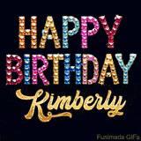Vibrant luxury birthday greeting card for Kimberly, showing glittering gemstone letters and golden calligraphy on a dark background with twinkling shine effects.