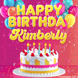 Pink-themed animated greeting with balloons, confetti, and a frosted cake under the message 'Happy Birthday Kimberly' in bold rounded yellow font.