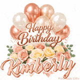 Stylish pink and gold Happy Birthday Kimberly animation with floral decor