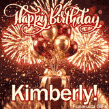 Beautiful ecard for Kimberly showcasing red and gold helium balloons and spectacular exploding fireworks.