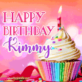 A vibrant birthday GIF featuring a rainbow-colored cupcake topped with white frosting, sprinkles, and a lit candle. The text reads 'Happy Birthday Kimmy' in bold pink and violet letters with white outline.
