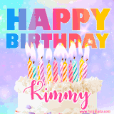A vibrant animated name GIF with the words 'Happy Birthday Kimmy' with colorful candles on a creamy cake. The background sparkles with pastel shades, adding a festive touch.