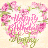 A stunning heart made of pink roses surrounds the elegant script text 'Happy Birthday Kimmy' on a soft beige background. Animated sparkles add a magical and festive feel.