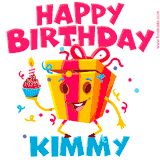 A vibrant and funny gift box character with a happy face dancing with a cupcake and the text 'Happy Birthday Kimmy,' surrounded by animated confetti and party vibes.