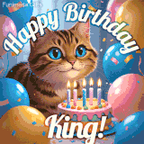 A playful tabby cat sits behind a colorful birthday cake surrounded by balloons and confetti, with 'Happy Birthday King!' written above in festive letters.