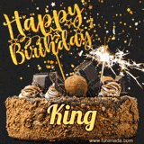Animated GIF featuring the text 'Happy Birthday King' written in glittering gold above the luxurious chocolate birthday cake adorned with truffles, gold stars, and sparklers.