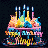 A vibrant animated GIF featuring a colorful rotating birthday cake with bright frosting swirls, glowing candles, and the text 'Happy Birthday King!' in rainbow colors.
