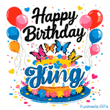 Happy Birthday written in black cursive script above a decorated cake with butterflies and balloons, personalized for King.