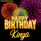 A golden 'Happy Birthday Kinga' message with vibrant fireworks in the background, creating a festive and celebratory vibe in this animated name GIF.