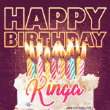 A colorful birthday cake topped with lit candles, with the words 'Happy Birthday Kinga' in bold glowing letters on a burgundy background. Animated flames add a festive touch.