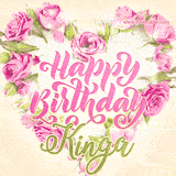 A stunning heart made of pink roses surrounds the elegant script text 'Happy Birthday Kinga' on a soft beige background. Animated sparkles add a magical and festive feel.