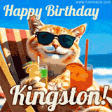 A cheerful cat wearing sunglasses, enjoying drinks on a sunny beach chair, with the text 'Happy Birthday Kingston!' in bright letters.