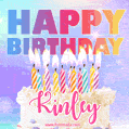 Animated Happy Birthday Cake with Name Kinley and Burning Candles