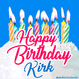 A cheerful animated GIF featuring colorful lit birthday candles on a white cake, with the text 'Happy Birthday Kirk' in bold red and blue script on a bright blue background.