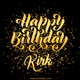 Animated GIF with colorful, festive 'Happy Birthday Kirk' text decorated with patterns, a party hat, and falling confetti. A vibrant and cheerful design for birthday celebrations.