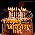 A rich chocolate cake topped with glowing birthday candles and surrounded by bright fireworks. The animated GIF displays the message 'Happy Birthday Kirk' in golden text.