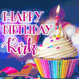 A festive animated GIF featuring a colorful cupcake with a single lit candle, sprinkles, and 'Happy Birthday Kirk' text against a sparkling, celebratory background.