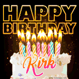 A vibrant animated GIF featuring a delicious birthday cake topped with glowing candles and the name 'Kirk' in elegant script, and the words 'Happy Birthday' on the black background.