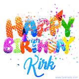 Animated GIF with colorful, festive 'Happy Birthday Kirk' text decorated with patterns, a party hat, and falling confetti. A vibrant and cheerful design for birthday celebrations.