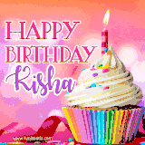 A vibrant birthday GIF featuring a rainbow-colored cupcake topped with white frosting, sprinkles, and a lit candle. The text reads 'Happy Birthday Kisha' in bold pink and violet letters with white outline.