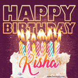 A colorful birthday cake topped with lit candles, with the words 'Happy Birthday Kisha' in bold glowing letters on a burgundy background. Animated flames add a festive touch.