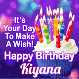A colorful birthday GIF for Kiyana featuring a cupcake with vibrant lit candles and the text 'It's Your Day to Make a Wish! Happy Birthday Kiyana' in bold letters on a festive purple background.