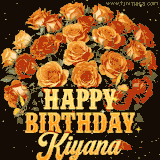Animated bouquet of orange roses with moving butterfles and golden 'Happy Birthday Kiyana' text, surrounded by sparkling accents and a dark backdrop for a luxurious feel.