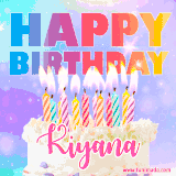 A vibrant animated name GIF with the words 'Happy Birthday Kiyana' with colorful candles on a creamy cake. The background sparkles with pastel shades, adding a festive touch.