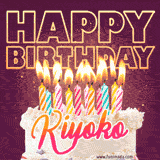 A colorful birthday cake topped with lit candles, with the words 'Happy Birthday Kiyoko' in bold glowing letters on a burgundy background. Animated flames add a festive touch.