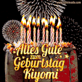 A chocolate birthday cake with glowing candles, the German text 'Alles Gute zum Geburtstag Kiyomi,' and vibrant fireworks lighting up the background in an animated GIF.