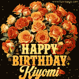 Animated bouquet of orange roses with moving butterfles and golden 'Happy Birthday Kiyomi' text, surrounded by sparkling accents and a dark backdrop for a luxurious feel.
