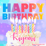 A vibrant animated name GIF with the words 'Happy Birthday Kiyomi' with colorful candles on a creamy cake. The background sparkles with pastel shades, adding a festive touch.
